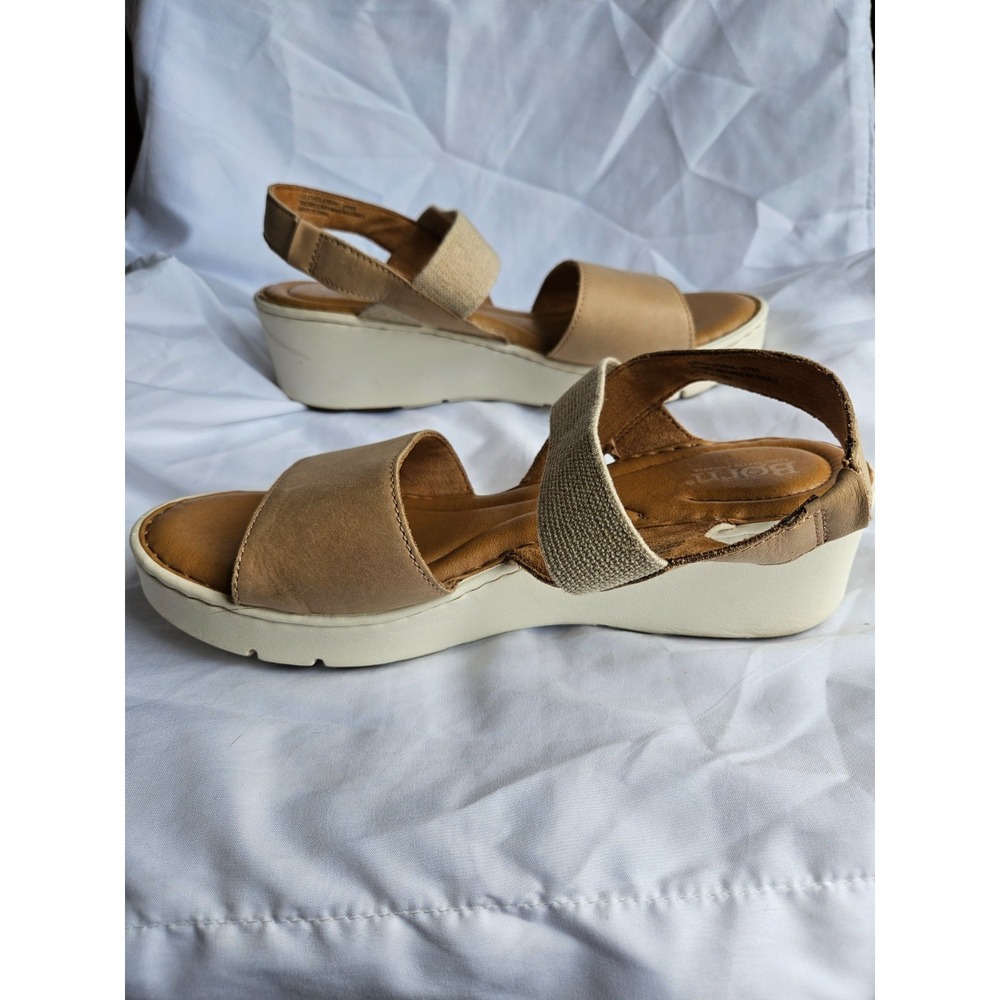 Womens 11 M Born Tan Leather Platform Wedge Slip On Strappy Sandals